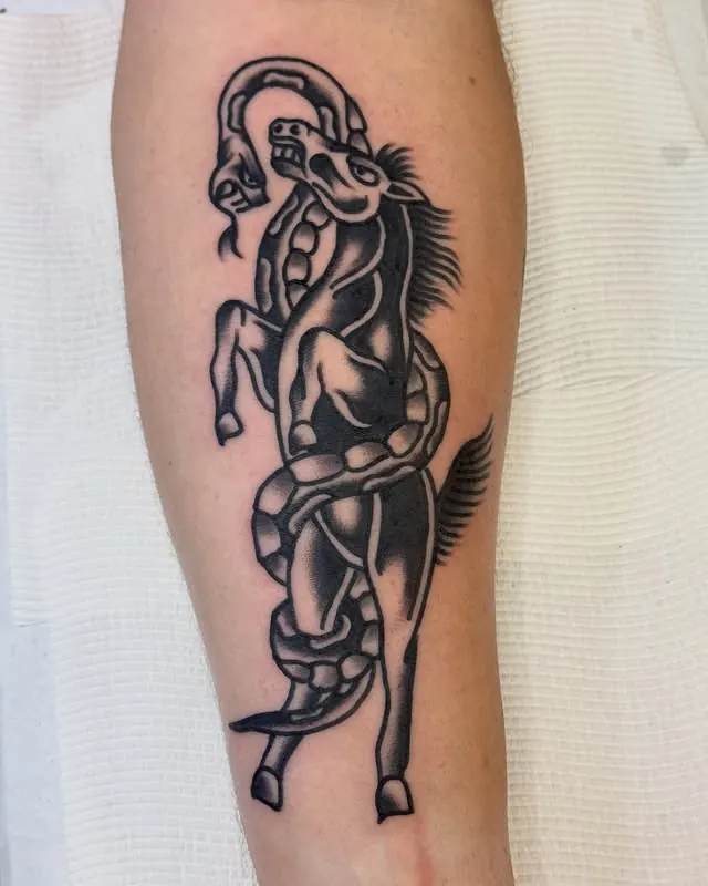 Classic blackwork tattoo of a horse entwined with a snake on a forearm